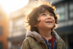 Un niño sonriendo con el viento soplando el pelo