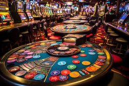 un casino avec de nombreuses puces de jeu