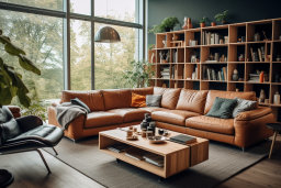 Un salon avec un canapé en cuir et une table basse