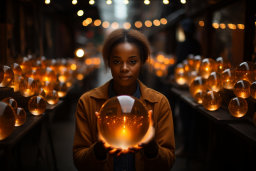 Una mujer sosteniendo una bola de vidrio