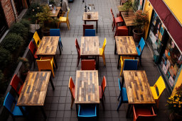 a group of tables and chairs on a sidewalk