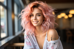 Una donna con capelli rosa che sorride