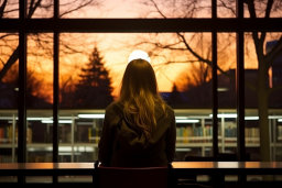 Una donna seduta su una sedia che guarda fuori da una finestra al tramonto