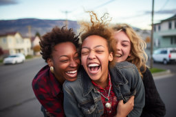 a group of women laughing and hugging