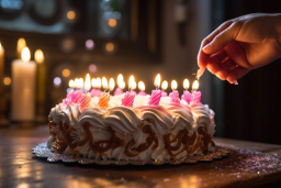a hand lighting candles on a cake