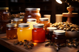bocaux de miel et d'abeilles sur une table