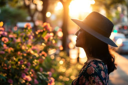 a woman wearing a hat and standing in front of flowers