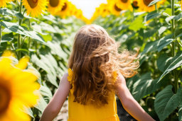 a girl in a yellow dress walking through a field of sunflowers
