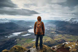 a person standing on a mountain looking at a valley