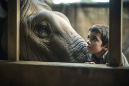 a boy looking at an elephant