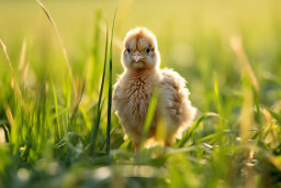 Un bébé poulet debout dans l'herbe