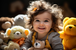 uma criança sorrindo com bichos de pelúcia