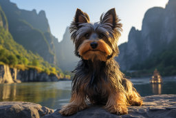 un perro sentado en una roca en agua
