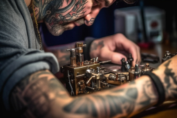 un homme avec des tatouages ​​travaillant sur une machine