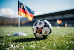 Uma bola de futebol na grama com uma bandeira ao fundo