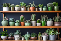 a group of cactus in pots on shelves