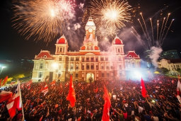 Celebration at Night in Front of Historic Building