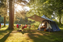 une tente et une table dans une forêt
