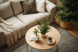 a coffee table with a plant on it