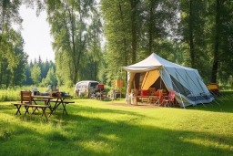 uma barraca e equipamento de acampamento em uma área gramada