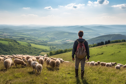 Un homme debout dans un champ avec un troupeau de moutons