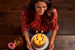 a woman sitting at a table with a cake with candles