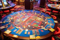 uma mesa redonda com lascas de pôquer e cartões