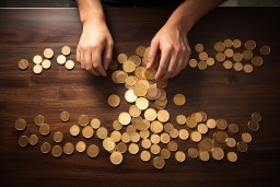 Le mani di una persona che contano le monete su un tavolo
