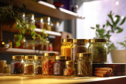 a group of glass jars with different spices