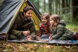 un homme et deux filles assises dans une tente