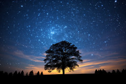 un arbre dans un champ avec des étoiles dans le ciel