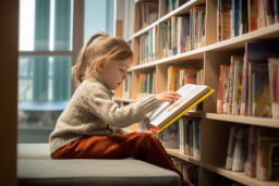 Ein Mädchen, das ein Buch in einer Bibliothek liest