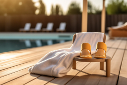 a towel and sandals on a deck