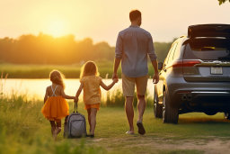 un homme et deux filles marchant en voiture
