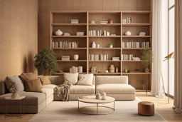 a living room with a large bookcase and couch