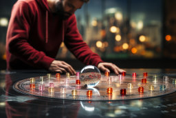 a man looking at a crystal ball on a board