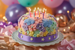 Colorful Birthday Cake with Lit Candles