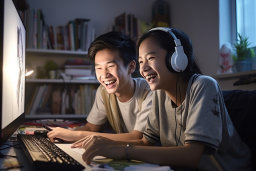 a couple of people laughing at a computer
