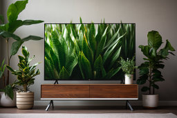 Un téléviseur sur un stand avec des plantes en pots