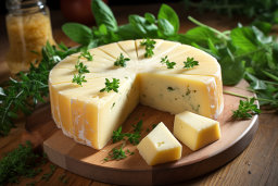 Un fromage avec des herbes sur une planche en bois