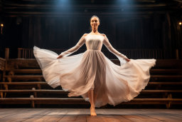Uma mulher em um vestido branco dançando em um palco