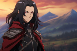 a cartoon of a man with long black hair and red cape