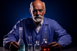 a man in blue coat with a white beard and a few beakers