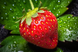 une fraise avec des gouttes d'eau dessus