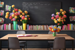 Colorful Classroom with Books and Flowers