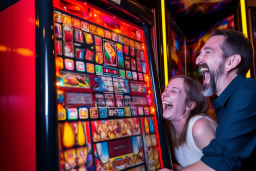 Un homme et une femme riant d'une machine à sous