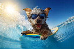 um cachorro usando óculos de sol e montando uma prancha de surf