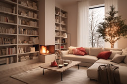 Cozy Living Room with Fireplace and Bookshelves