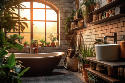a bathroom with a tub and plants