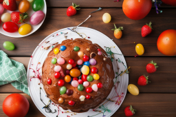 Un gâteau avec des bonbons sur le dessus et une assiette de bonbons